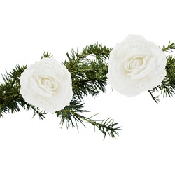 2x stuks kerstboom decoratie bloemen roos wit glitter op clip 18 cm - Kersthangers
