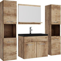 Badplaats Badkamermeubel Set Montreal XL 60 x 35 cm - Kastanje Eiken - Badmeubel met Zwarte wastafel en Zijkasten