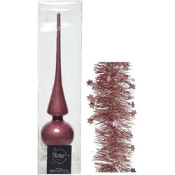 Kerstversiering glazen piek glans 26 cm en sterren folieslingers pakket oud roze van 3x stuks - kerstboompieken