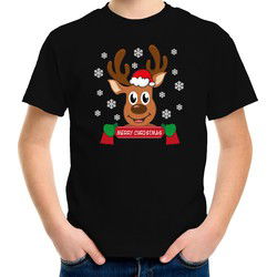 Bellatio Decorations kerst t-shirt voor kinderen - Merry Christmas - rendier - zwart XL (164-176) - kerst t-shirts kind