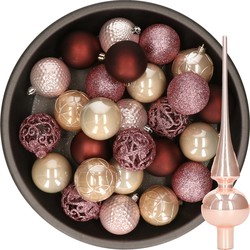 37x stuks kunststof kerstballen 6 cm incl. glazen piek roze en bruin tinten - Kerstbal