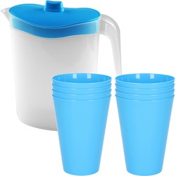 8x kunststof drinkbekers 430 ML met schenkkan set blauw van 2.5 liter - Schenkkannen