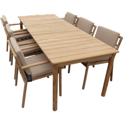 Set van Mare dining table 236x90x76 cm teak en 6 Mare dining chairs teak/multi natural AW incl. zit- en rugkussens