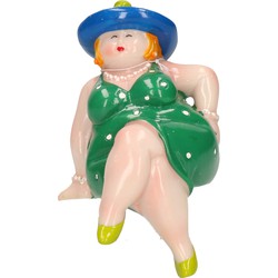 Inware Home decoratie beeldje dikke dame - jurk groen - 15 cm - Beeldjes