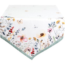 Clayre & Eef Tafelloper  50x160 cm Wit Groen Katoen Bloemen Tafelkleed