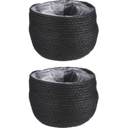 2x stuks naturel zwart rotan planten pot mand van gedraaid jute/riet H15 en D18 cm - Plantenpotten