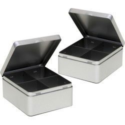 2x stuks metalen 4-vaks theedoos/theekist 15x13x7 cm - zilverkleurig - Theedozen