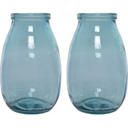 2x stuks blauwe vazen/bloemenvazen van gerecycled glas 18 x 28 cm - Vazen