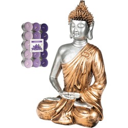 Boeddha beeld voor binnen 35 cm met 30x geurkaarsen lavendel - Beeldjes