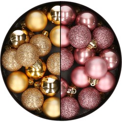 28x stuks kleine kunststof kerstballen velvet roze en goud 3 cm - Kerstbal