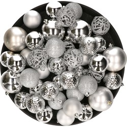 Kerstversiering kunststof kerstballen zilver 6-8-10 cm pakket van 59x stuks - Kerstbal