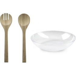 Plastic Forte Slakom/schaal met bamboe slacouvert - Kunststof - D30 cm - Saladeschalen