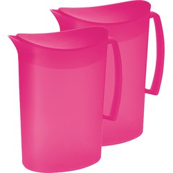Juypal Schenkkan/waterkan - 2x - fuchsia roze - 2 liter - kunststof - L20 x H23 cm - met deksel - Schenkkannen