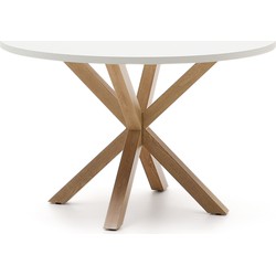 Kave Home - Argo ronde tafel afgewerkt in wit melamine en stalen poten met houteffect Ø 120 cm