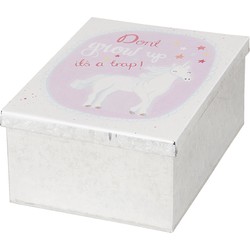 Clayre & Eef Blikken Bewaardoos  14x6x10 cm Wit Roze Metaal Rechthoek Eenhoorn Voorraadblik