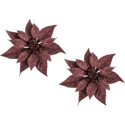 2x stuks decoratie bloemen kerstster donkerrood glitter op clip 18 cm - Kunstbloemen