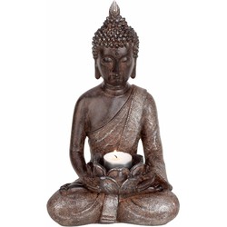 Boeddha beeldje met theelichthouder - binnen/buiten - kunststeen - antiek bruin - 30 x 18 cm - Beeldjes