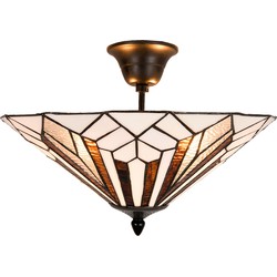 LumiLamp Plafondlamp Tiffany  Ø 40x28 cm  Wit Bruin Metaal Glas Driehoek Plafonniere