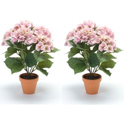 Set van 2x stuks roze hortensia kunstplant in kunststof pot 40 cm - Kunstplanten