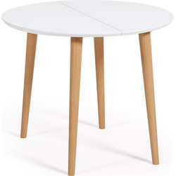 Kave Home - Oqui ronde uitschuifbare tafel van wit gelakt MDF en massief beukenhouten poten, 90 (170)