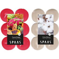 Candles by Spaas geurkaarsen - 24x stuks in 2 geuren Blossom Flowers en Tropical Delight - geurkaarsen