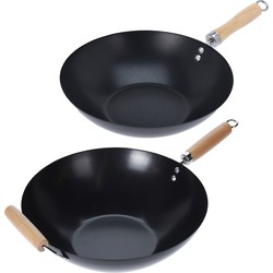 Excellent Houseware Wok/hapjes/bak pannen - 2x stuks - met antiaanbaklaag - staal - D30 en D35 cm - Steelpannen