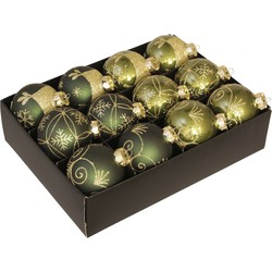 12x stuks luxe glazen gedecoreerde kerstballen donkergroen 7,5 cm - Kerstbal