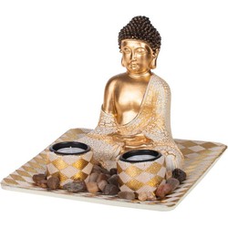Boeddha beeld met waxinelichthouders voor binnen goud 21 cm - Beeldjes