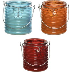 Citronella kaars - in windlicht - 3x - blauw/oranje en rood - 20 branduren - citrusgeur - geurkaarsen