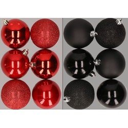 12x stuks kunststof kerstballen mix van rood en zwart 8 cm - Kerstbal