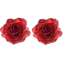 2x Rode glitter rozen met clip - Kunstbloemen
