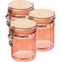 3x stuks voorraadbussen/voorraadpotten 0,75L glas koraal oranje met bamboe deksel en beugelsluiting - Voorraadpot