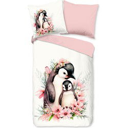 Good Morning Kids Dekbedovertrek – Pinguïns & Bloemen Roze
