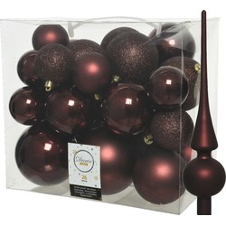 Set van 26x stuks kunststof kerstballen incl. glazen piek mat mahonie bruin - Kerstbal