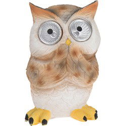 Uil Tuinbeeldje - Wit/Bruin - Solar Verlichting - 12,5 cm - Tuinbeelden