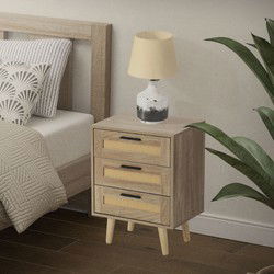 Nachtkastje 45x34x63 cm eiken bijzettafel met 3 laden en rotan front & massief houten poten ML design