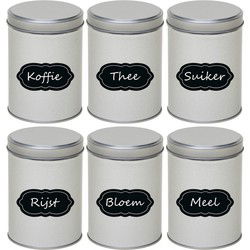 6x Zilveren hoog/rond bewaarblik/opbergblik 13 cm met krijtbord labels - Voorraadblikken