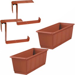 Set van 2 kunststof plantenbakken terracotta rechthoekig 40 cm met 4 verstelbare railingbeugels - Plantenbakken