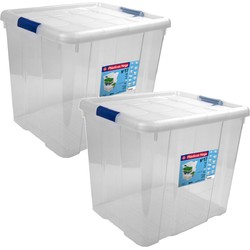 2x Opbergboxen/opbergdozen met deksel 35 liter kunststof transparant/blauw - Opbergbox