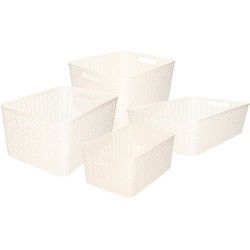 Set van 4x stuks opbergboxen/opbergmandjes rotan parel wit kunststof - Opbergbox