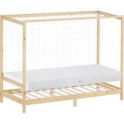 Kinderbed voetbaldoel 90x200 cm naturel grenenhout incl. matras H-16cm Houten bed met lattenbodem & doelnet ML design
