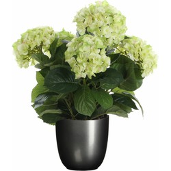 Hortensia kunstplant/kunstbloemen 45 cm - groen - in pot titanium grijs - Kunstplanten