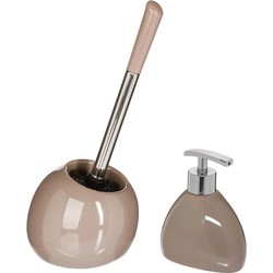 WC-/toiletborstel en houder - taupe/beige - met zeeppompje 300 ml - Badkameraccessoireset