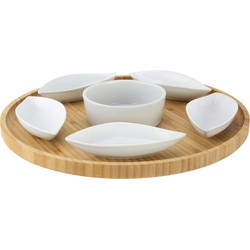 Cosy & Trendy serveerplank bamboe dia 26 cm met 6x luxe hapjes/saus/tapas keramieken schaaltjes - Snack en tapasschalen