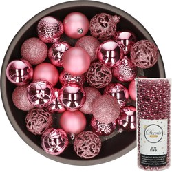 Kerstballen 37x stuks 6 cm incl. kralenslinger 10 m roze kunststof - Kerstbal
