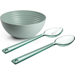 Salade serveer schaal - mintgroen - kunststof - Dia 25 cm - inclusief sla couvert/bestek - Serveerschalen
