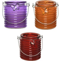 Citronella windlicht met kaars - 3x - paars/oranje en rood - 20 branduren - citrusgeur - geurkaarsen