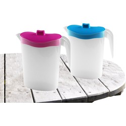 2x stuks waterkan/sapkan/limonadekan karaf deksel 1.5 liter kunststof roze/blauw - Schenkkannen