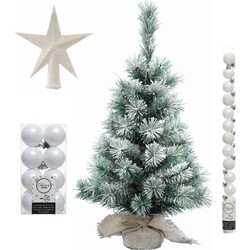 Kunst kerstboom met sneeuw 60 cm in jute zak inclusief witte versiering 31-delig - Kunstkerstboom
