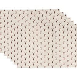 Clayre & Eef Placemats Set van 6  48x33 cm Beige Rood Katoen Rechthoek Hert Tafelmat